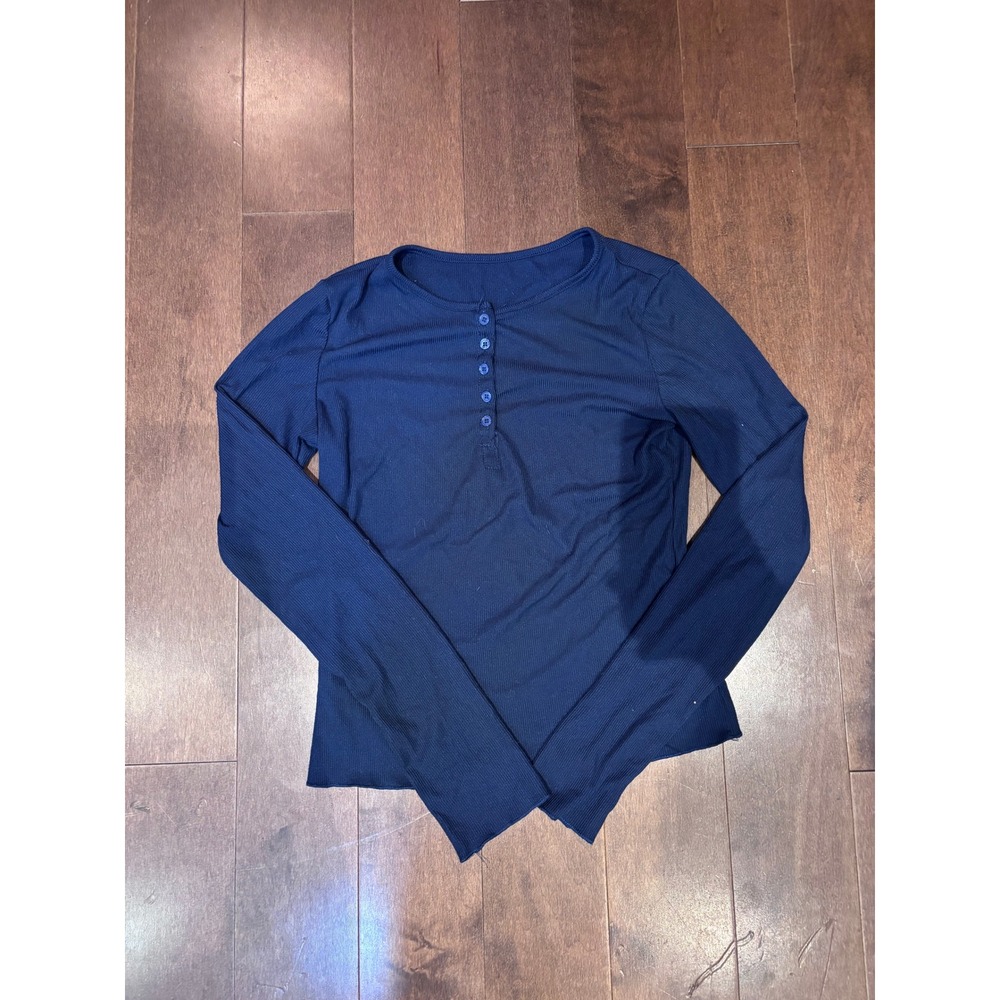 Navy Blue Ribbed Long Sleeve Henley Top Button Down Slim Fit Shirt Womens